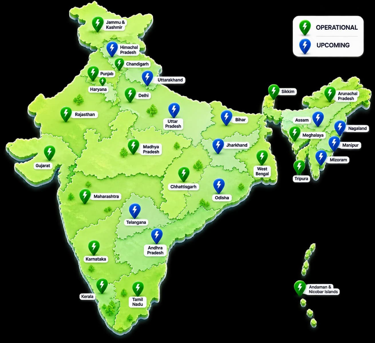 Map of India with pins marking EV charging activity across states