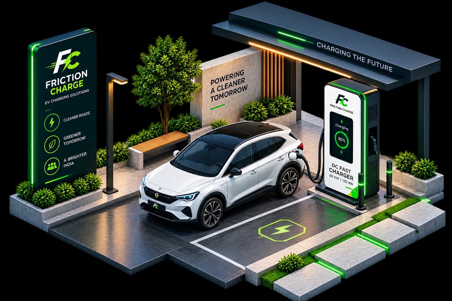 An EV charging at a Friction Charge DC fast-charging station
