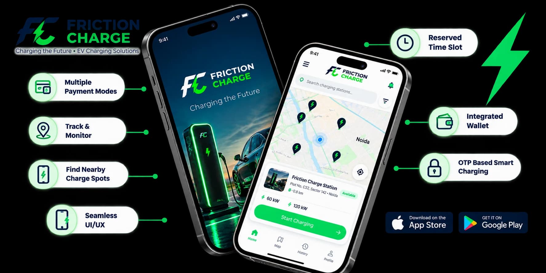 Friction Charge app showing the splash screen and a station map